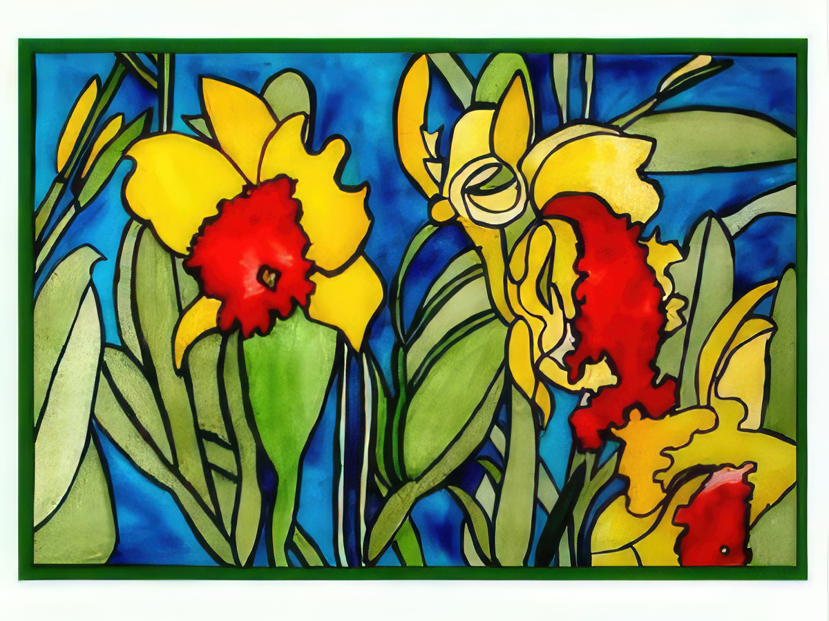 Stained Glass Yellow and Red Orchids